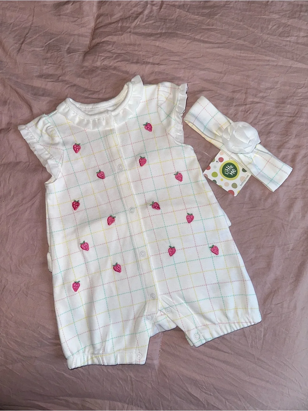 Little Me - White Strawberry Grid Baby One-Piece with Headband